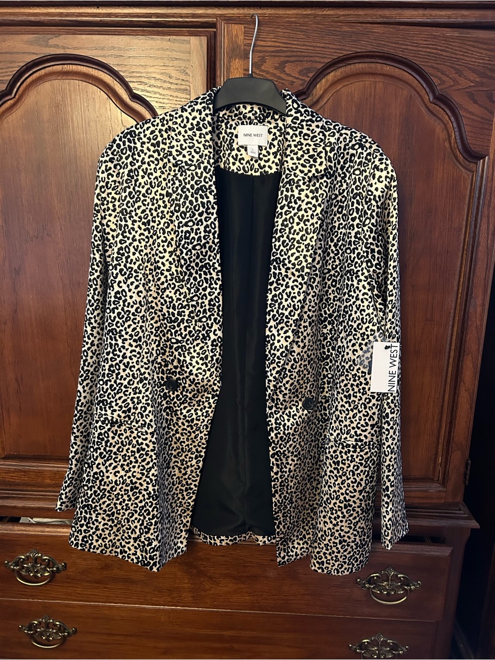 Nine West Black and Cream Leopard-Print Open Blazer